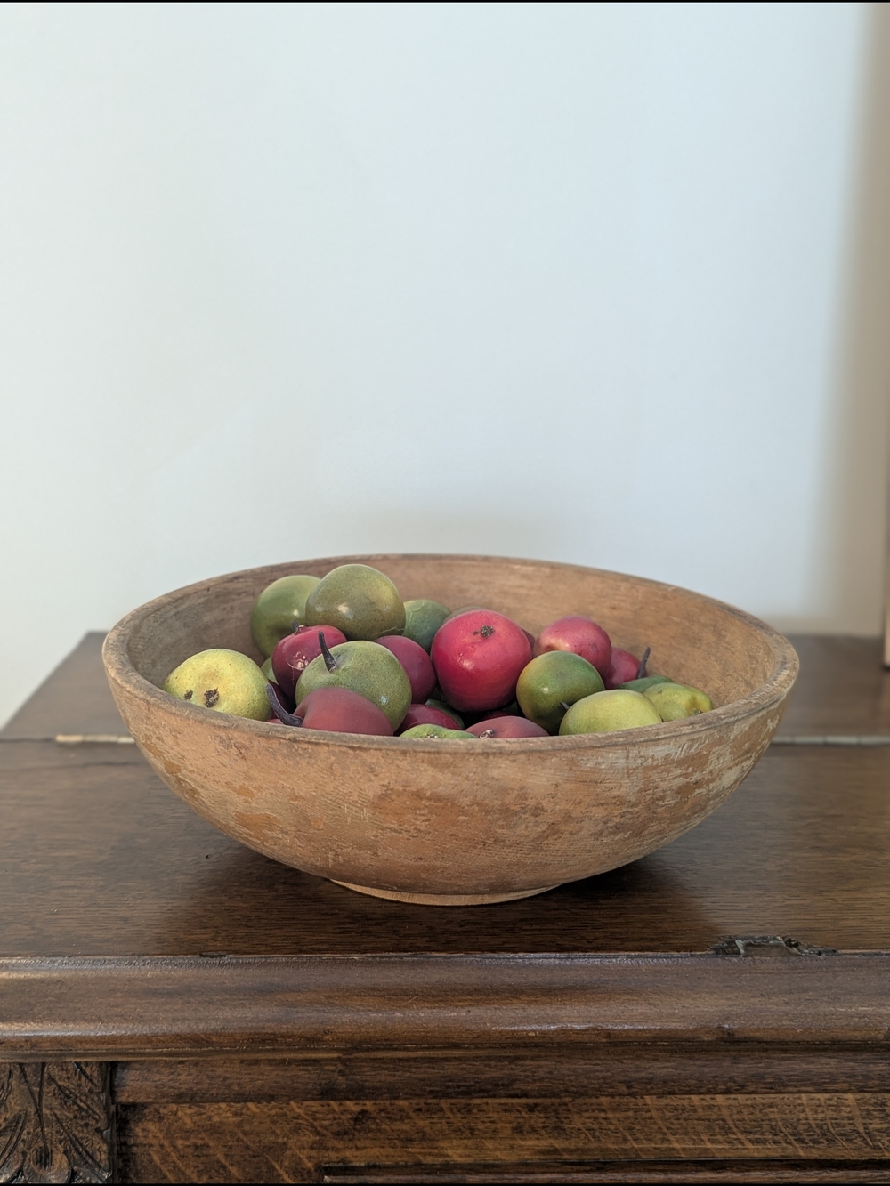 Folk Art Centerpiece Bundle:  Japan Wood Bowl, Faux Fruit Crabapple, Penny Rug